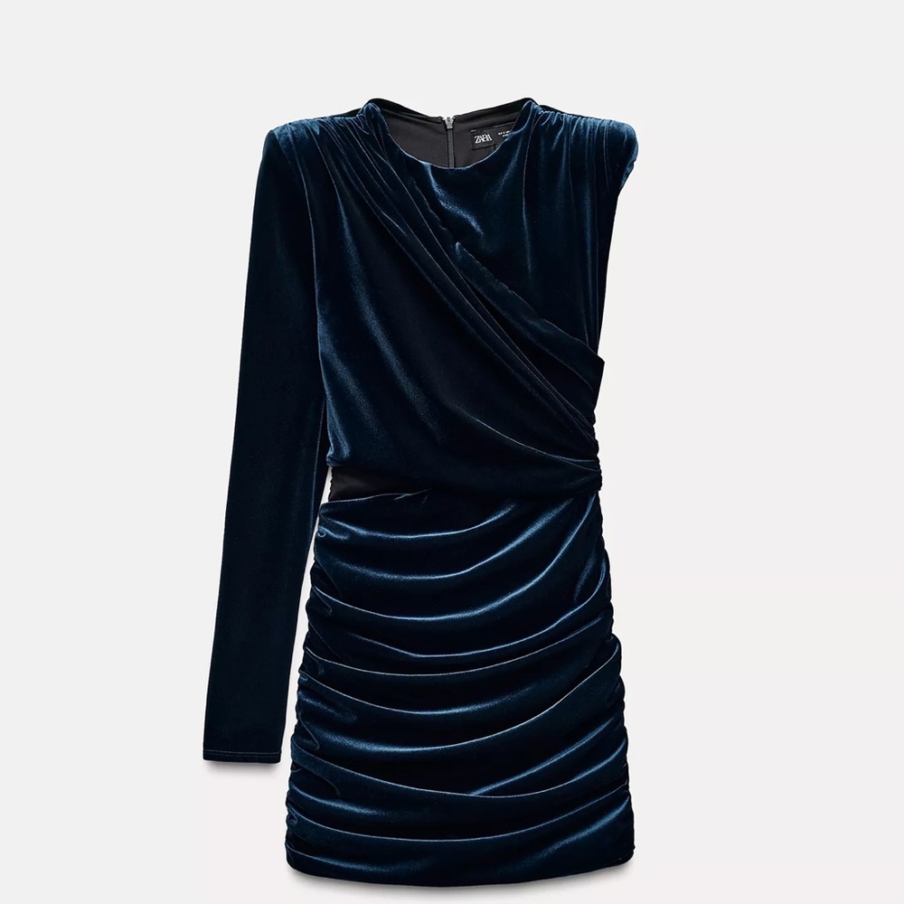 Zara One Shoulder Navy Velvet Dress